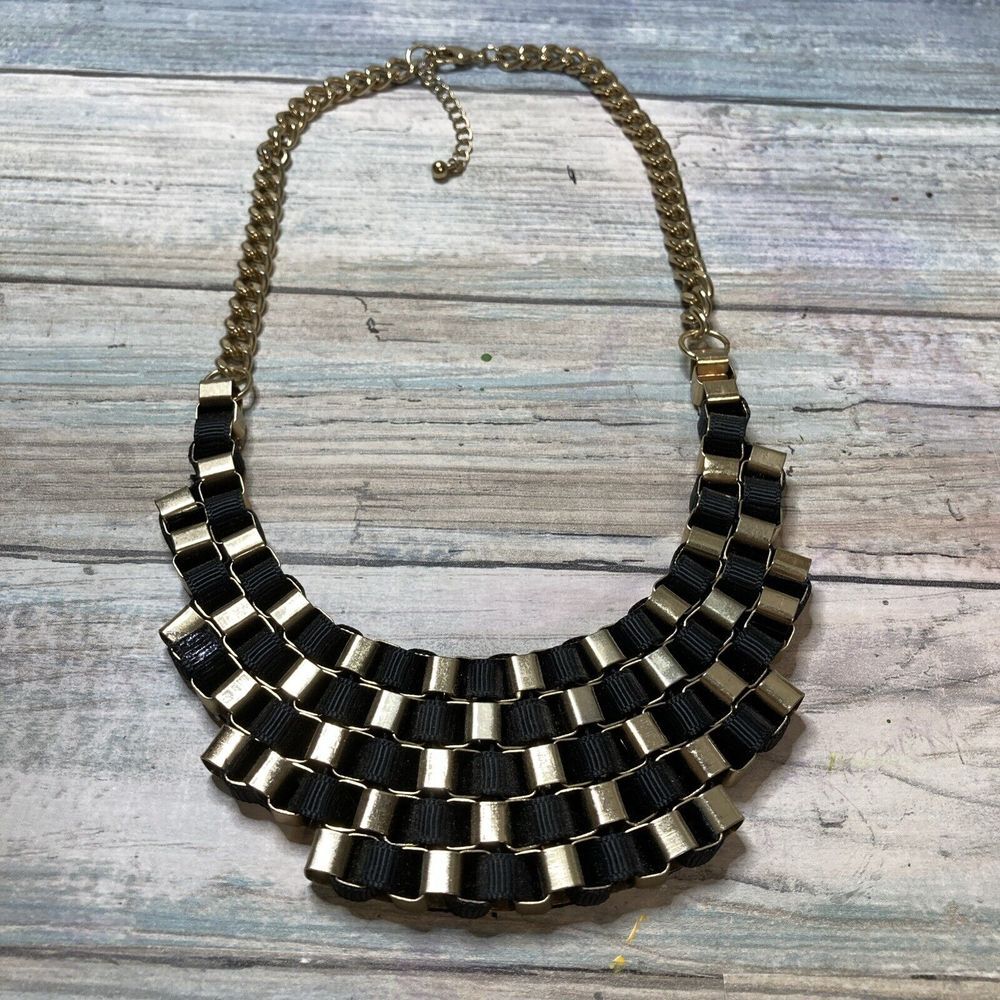 Black‎ Gold Tone Ribbon Weave Statement Necklace 18"